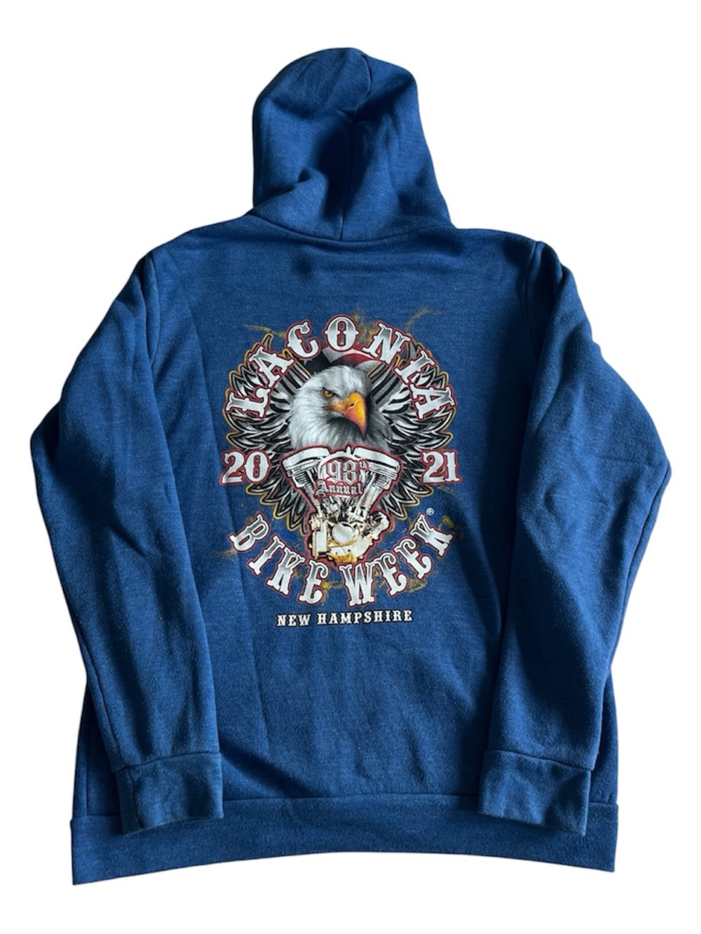 Laconia 2021 Motorcycle Rally 98th Bike Week Full Zip Hoodie Blue Small